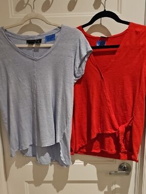 Women’s Large Top Bundle – J.Crew Red Wrap Top + Tahari Light Blue V-Neck